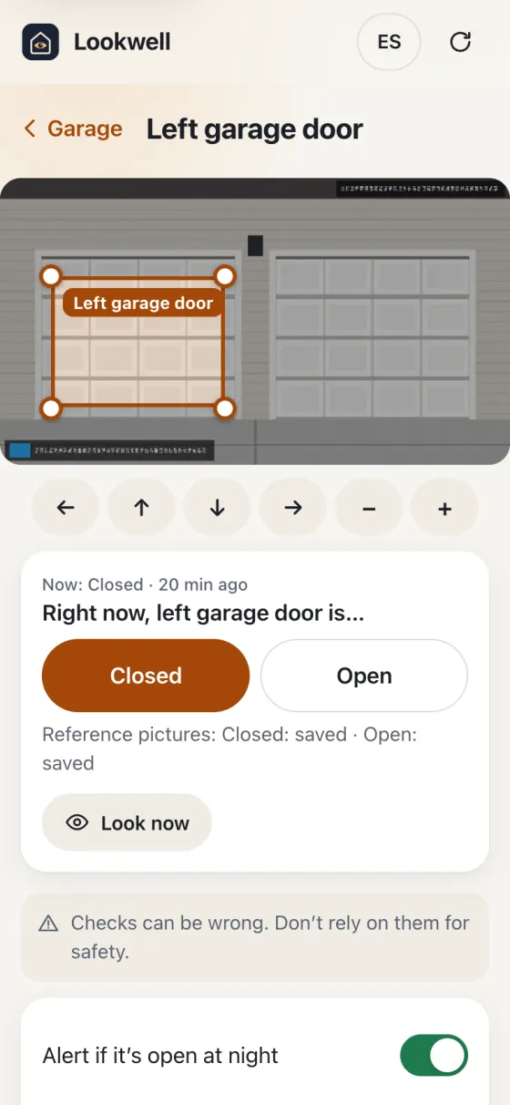 Spot check screen for the left garage door, with the zone drawn on the camera picture. Right now: closed.