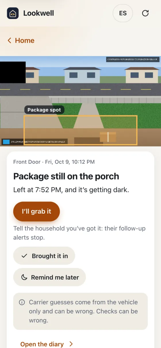 Delivery alert: package still on the porch, left at 7:52 PM and it is getting dark, with I will grab it and Brought it in buttons.